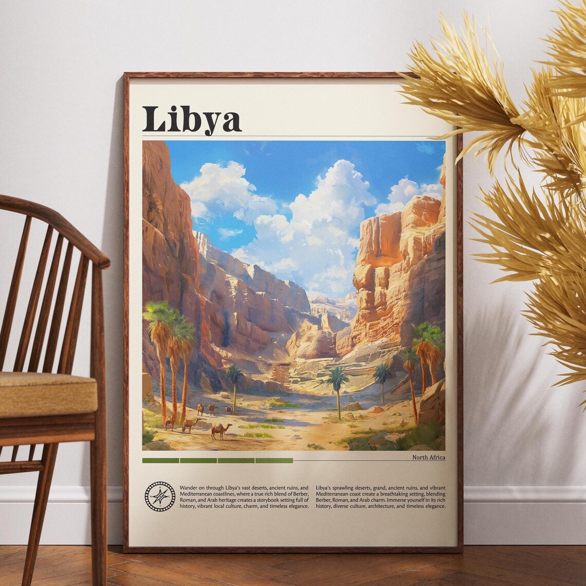 Libya North Africa Desert Canyon Palms Camel Caravan Travel Poster
