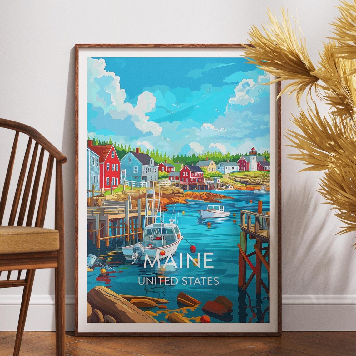 Maine United States Coastal Fishing Village Harbor Travel Poster