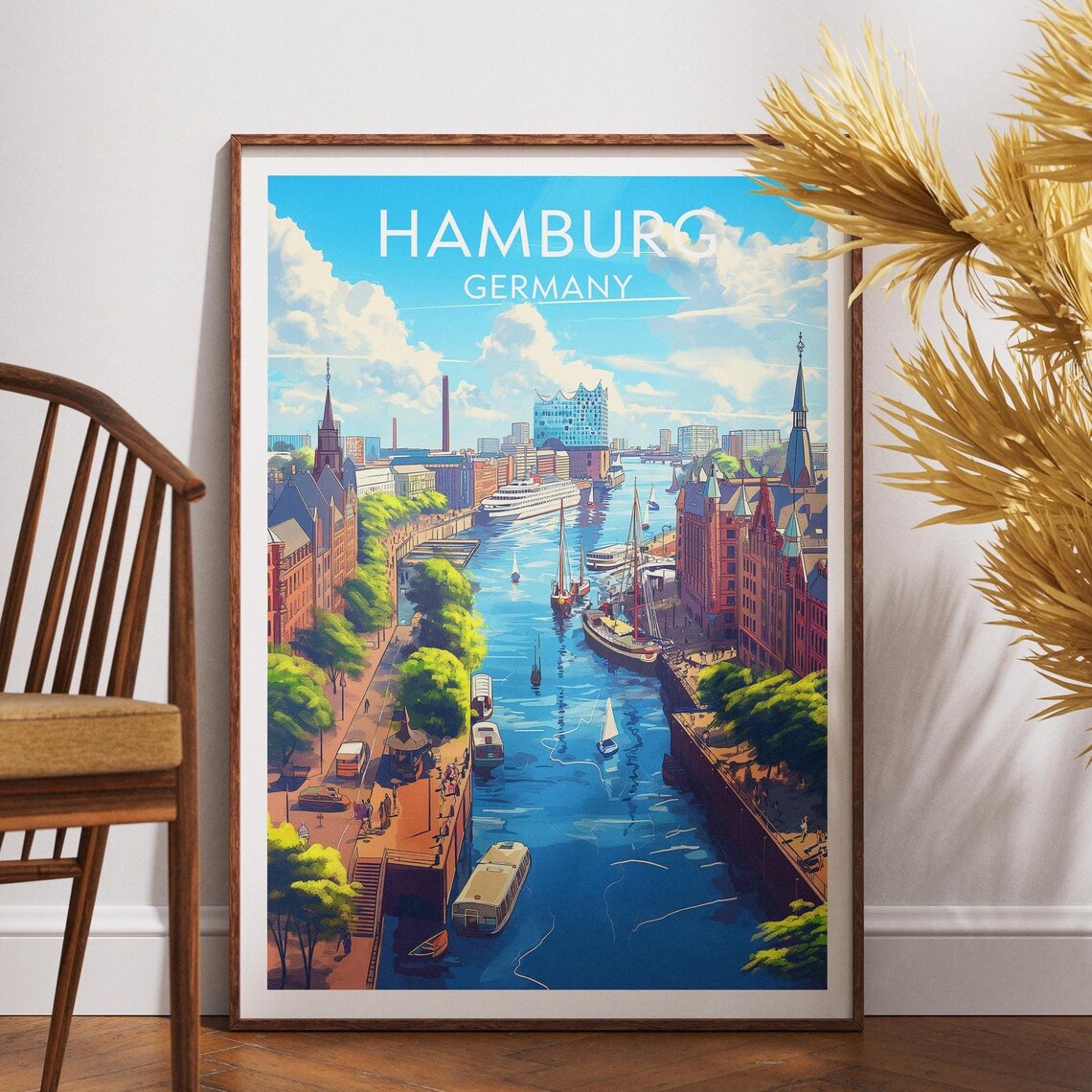 Hamburg Germany Harbor Boats and Speicherstadt Waterfront Poster