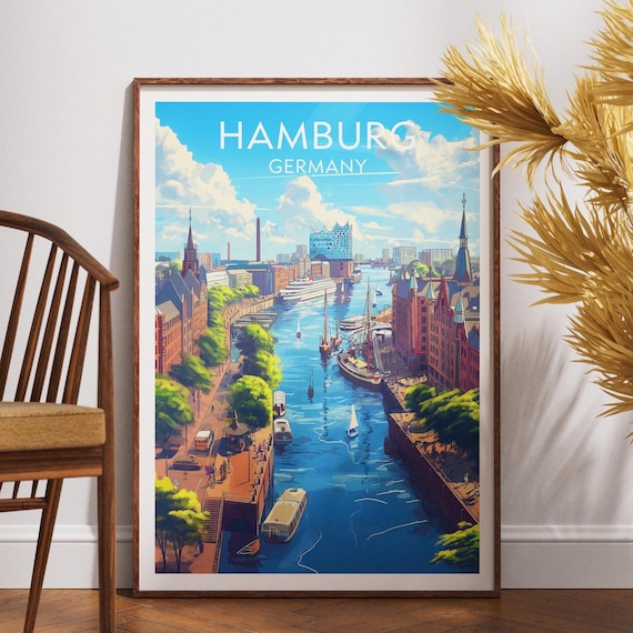 Hamburg Germany Harbor Boats and Speicherstadt Waterfront Poster