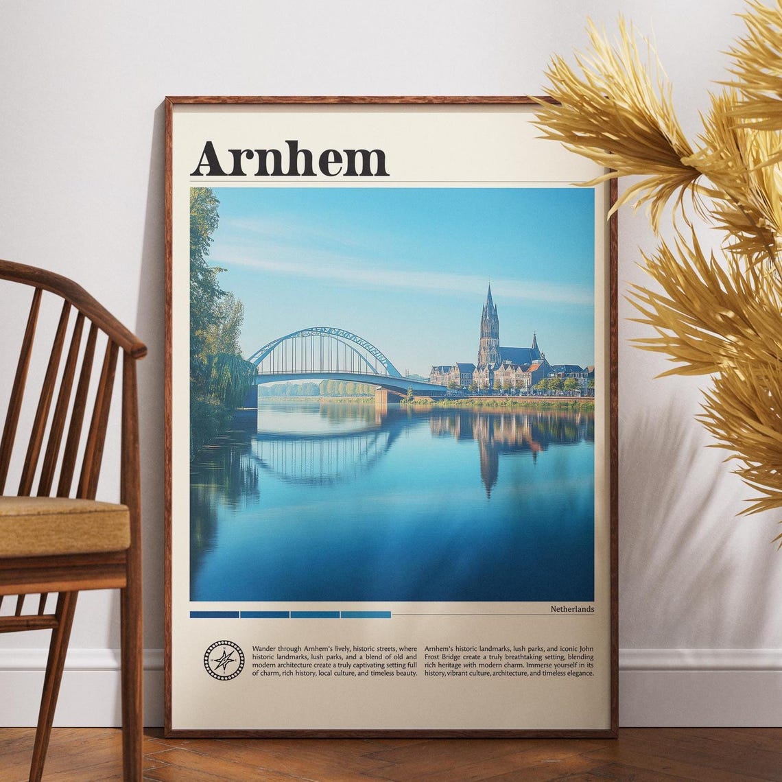 Arnhem Netherlands Travel Poster John Frost Bridge River Reflection