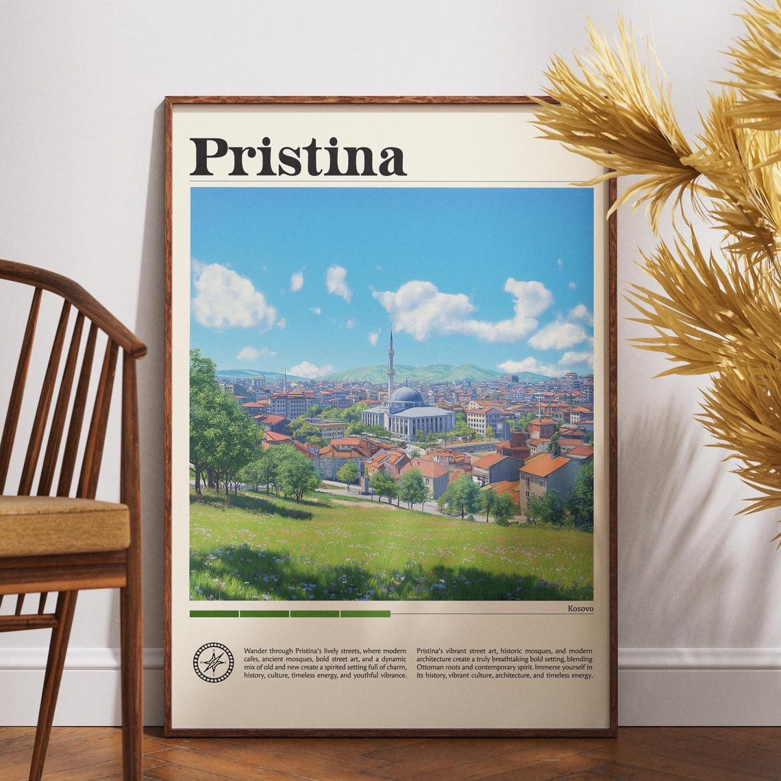 Pristina Kosovo City Mosque Meadow Spring Scene Travel Poster