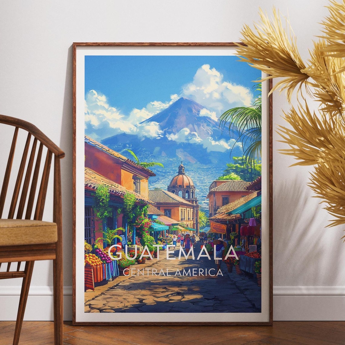 Guatemala Colonial Market Street Volcano View Art Travel Poster