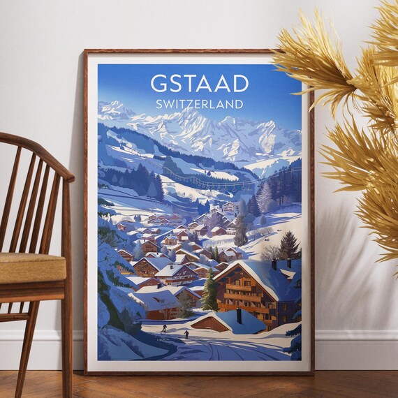 Gstaad Switzerland Snowy Chalet Alpine Ski Village Travel Poster