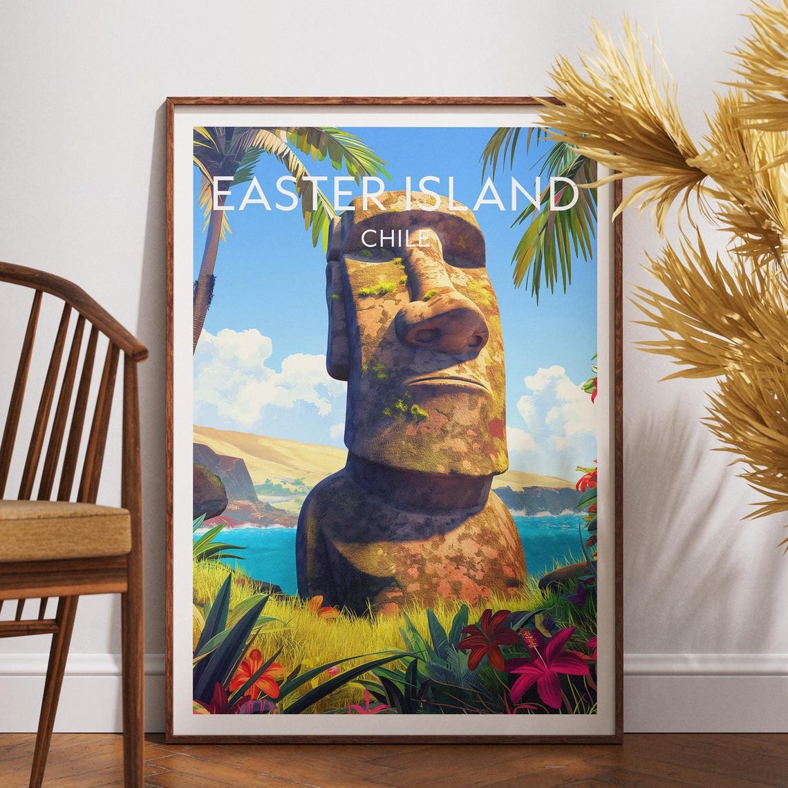 Easter Island Chile Moai Statue Among Palms and Wildflowers Poster