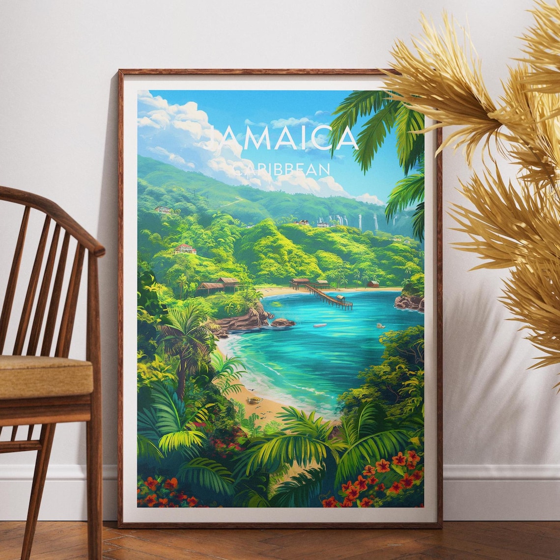 Jamaica Caribbean Green Hills Waterfall Bay Scenic Travel Poster