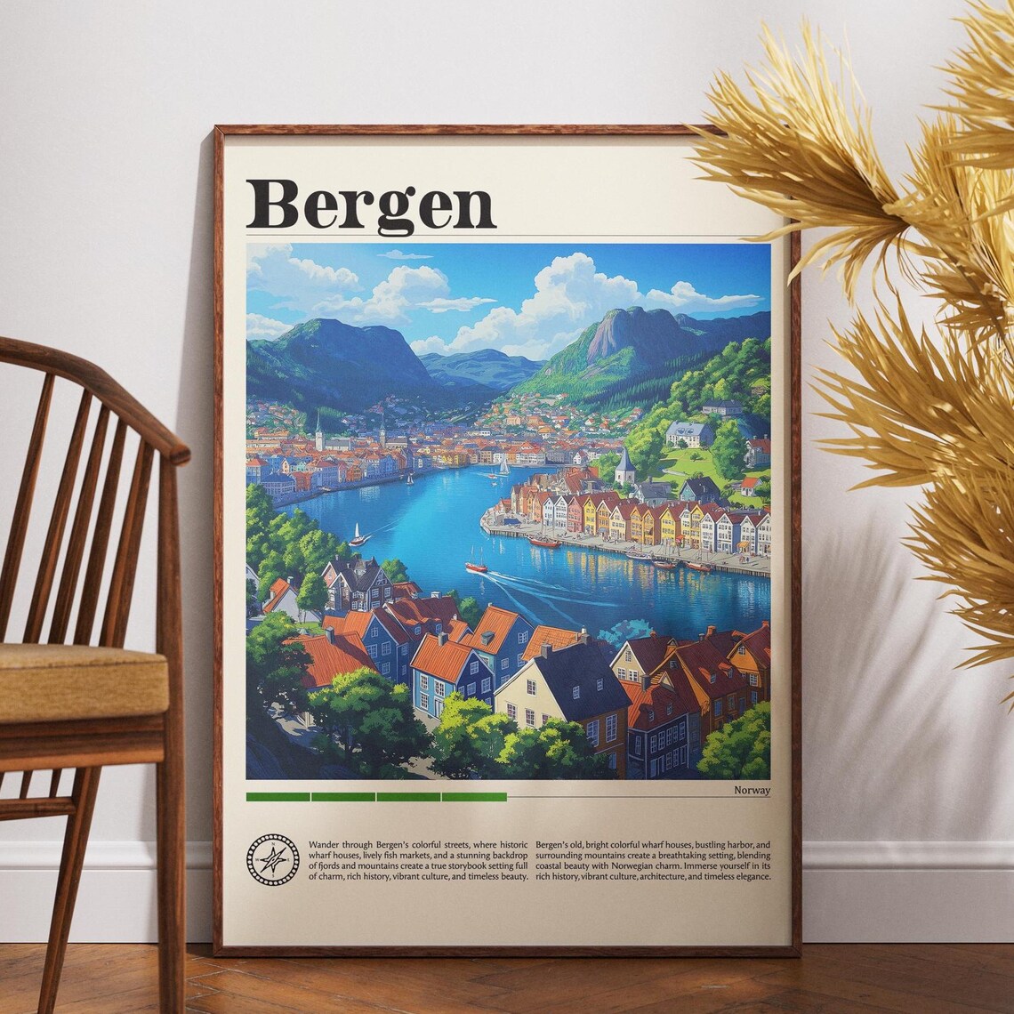 Bergen Norway Vintage Bryggen Wharf Harbor Mountains Travel Poster