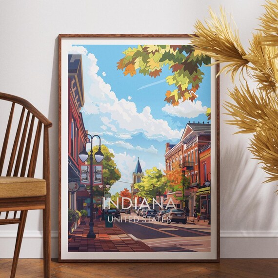 Indiana Small Town Main Street Autumn Storefront Travel Poster