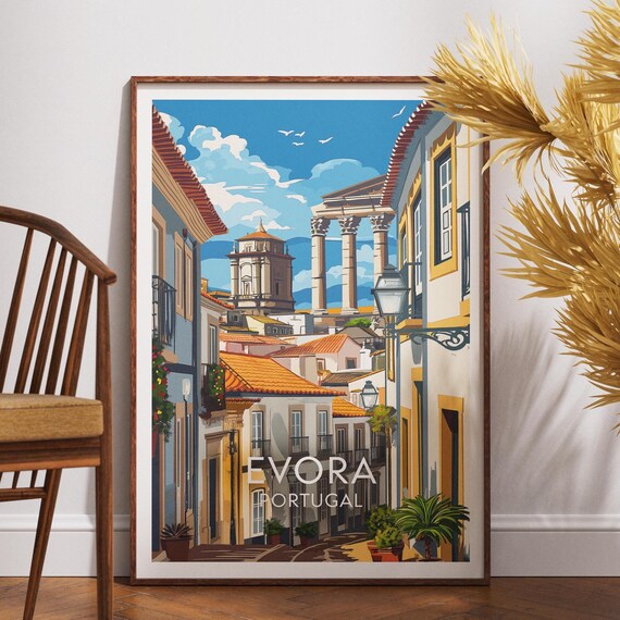 Evora Portugal Travel Art Old Street Roman Columns View Poster