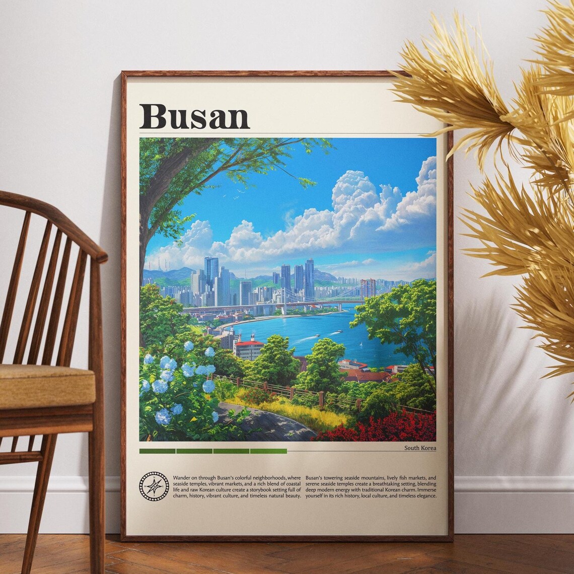 Busan South Korea Coastal City Bay Skyline Vintage Travel Poster