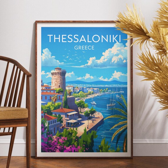 Thessaloniki Greece White Tower Harbor Vintage Travel Poster
