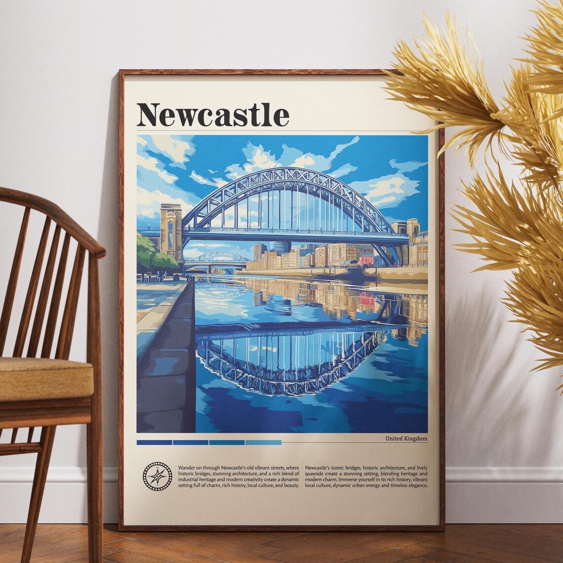 Newcastle England Travel Poster Tyne Bridge River Reflection Cityscape