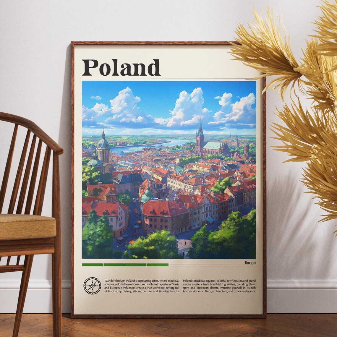 Poland Old Town Terracotta Rooftops Aerial Vintage Travel Poster