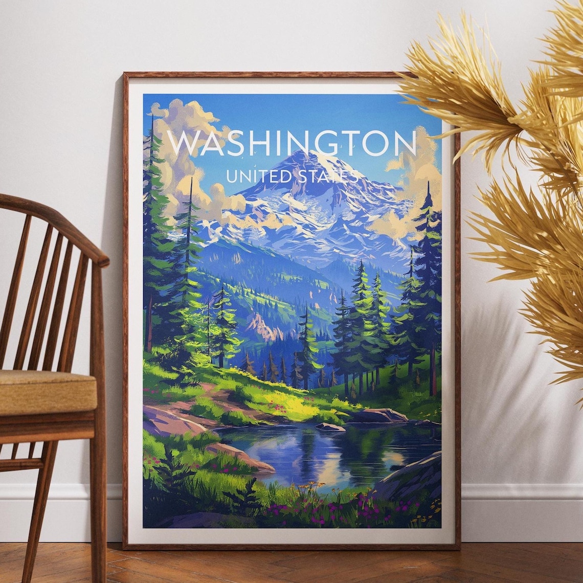 Washington Mount Rainier Lake Evergreens Vintage Travel Poster