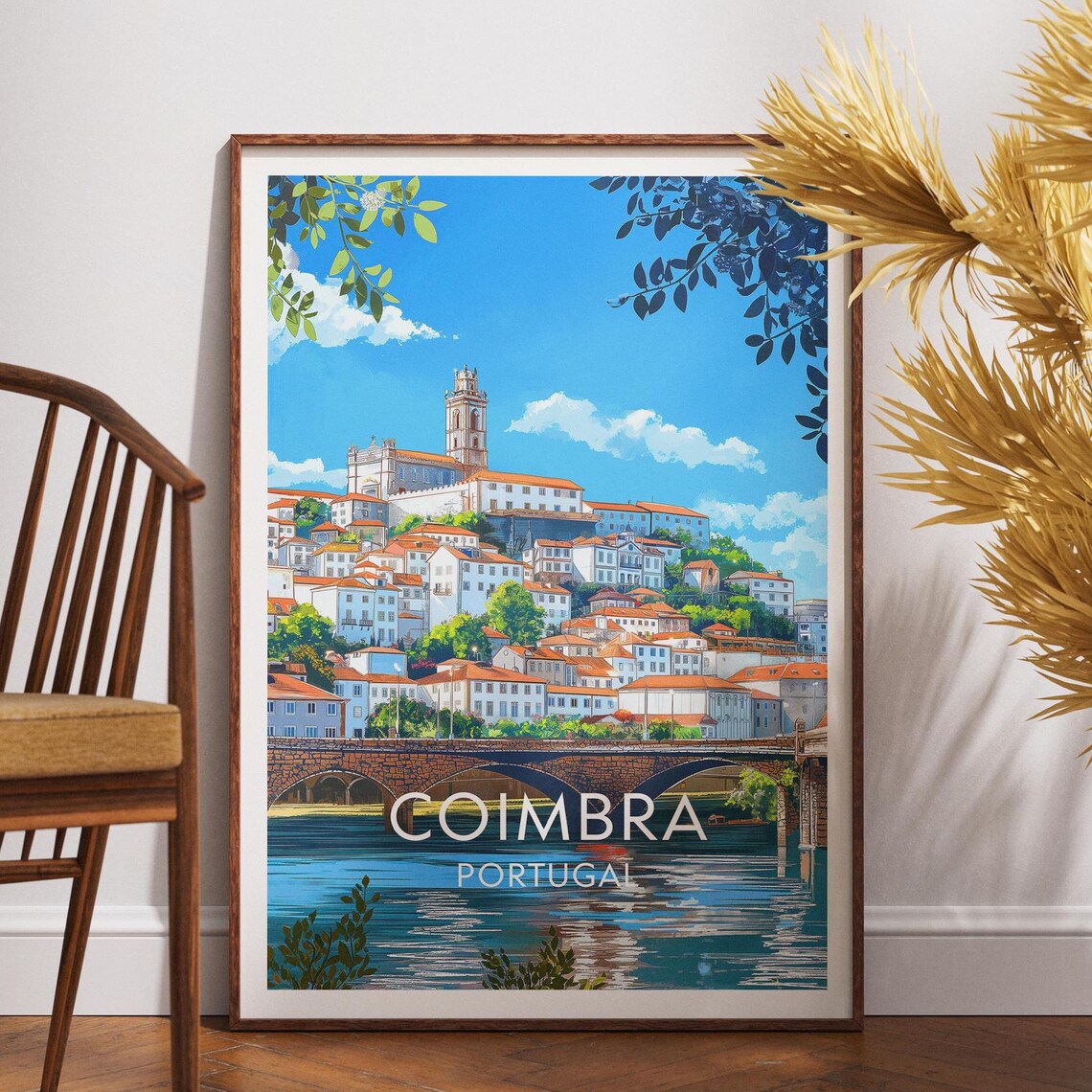 Coimbra Portugal Travel Art Hilltop City River Bridge Poster