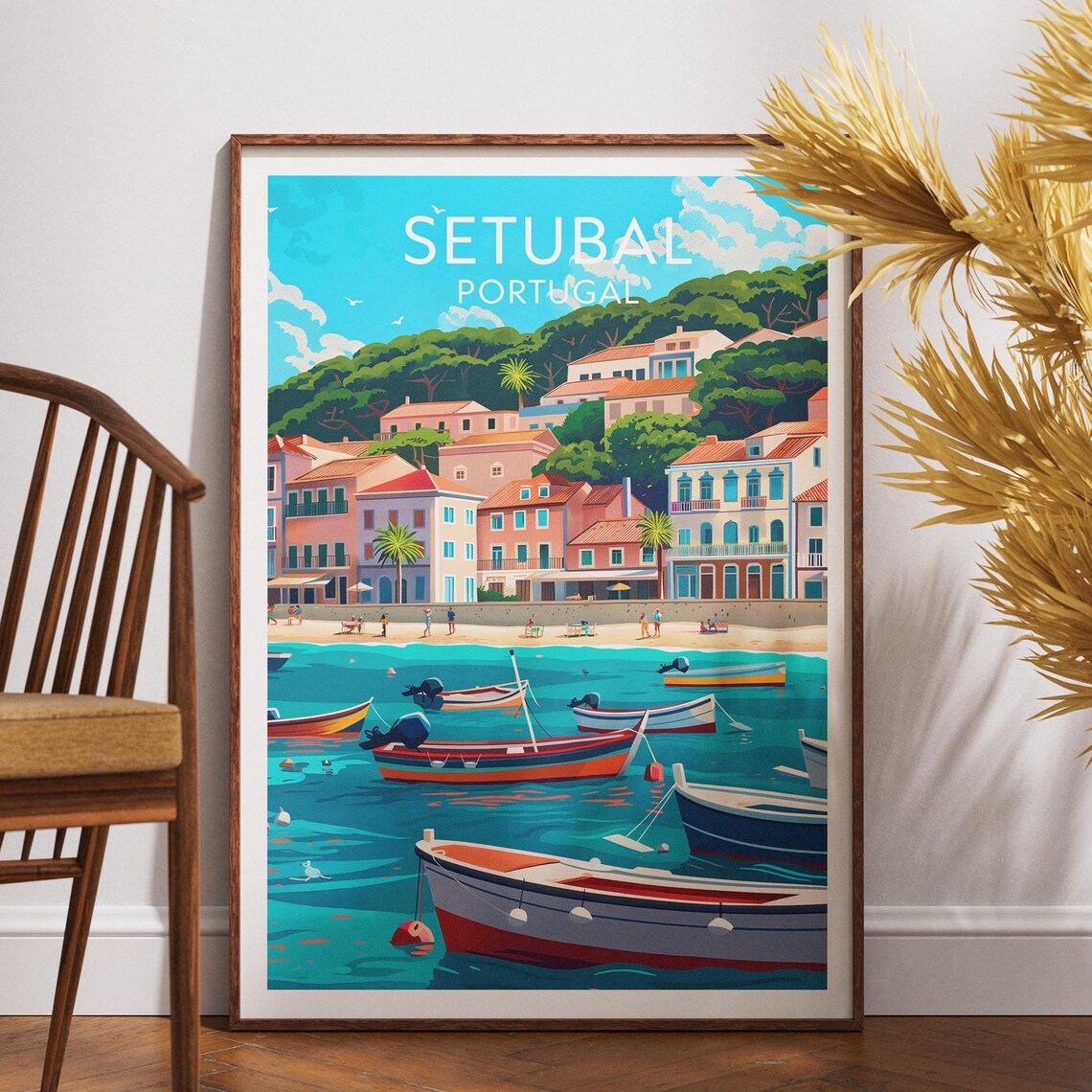 Setubal Portugal Fishing Boats Beach Coast Vintage Travel Poster