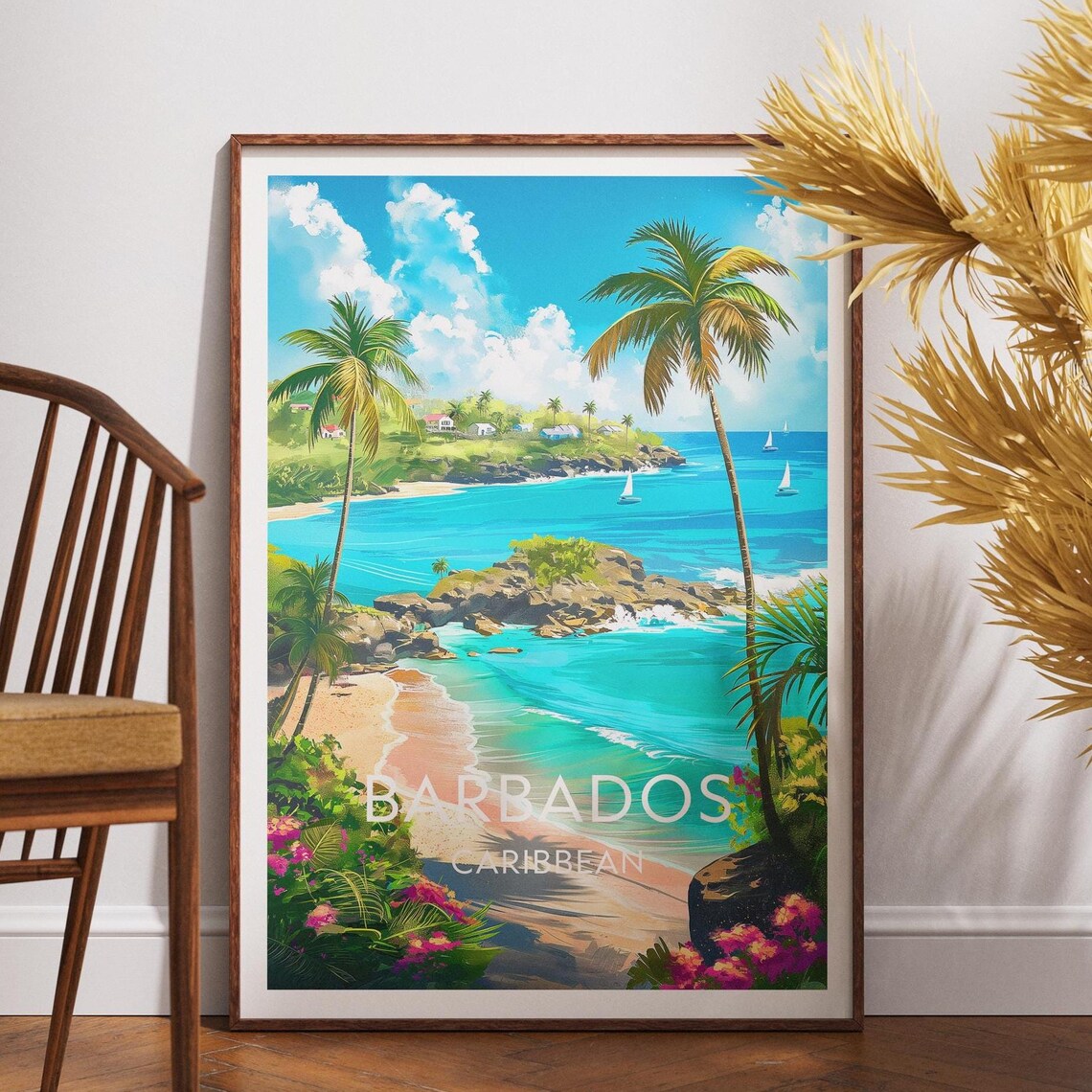 Barbados Caribbean Tropical Beach Rocky Islet Palm Trees Travel Poster