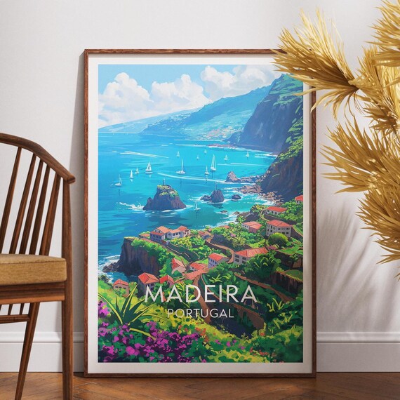 Madeira Island Portugal Coastal Cliffs Village Travel Poster