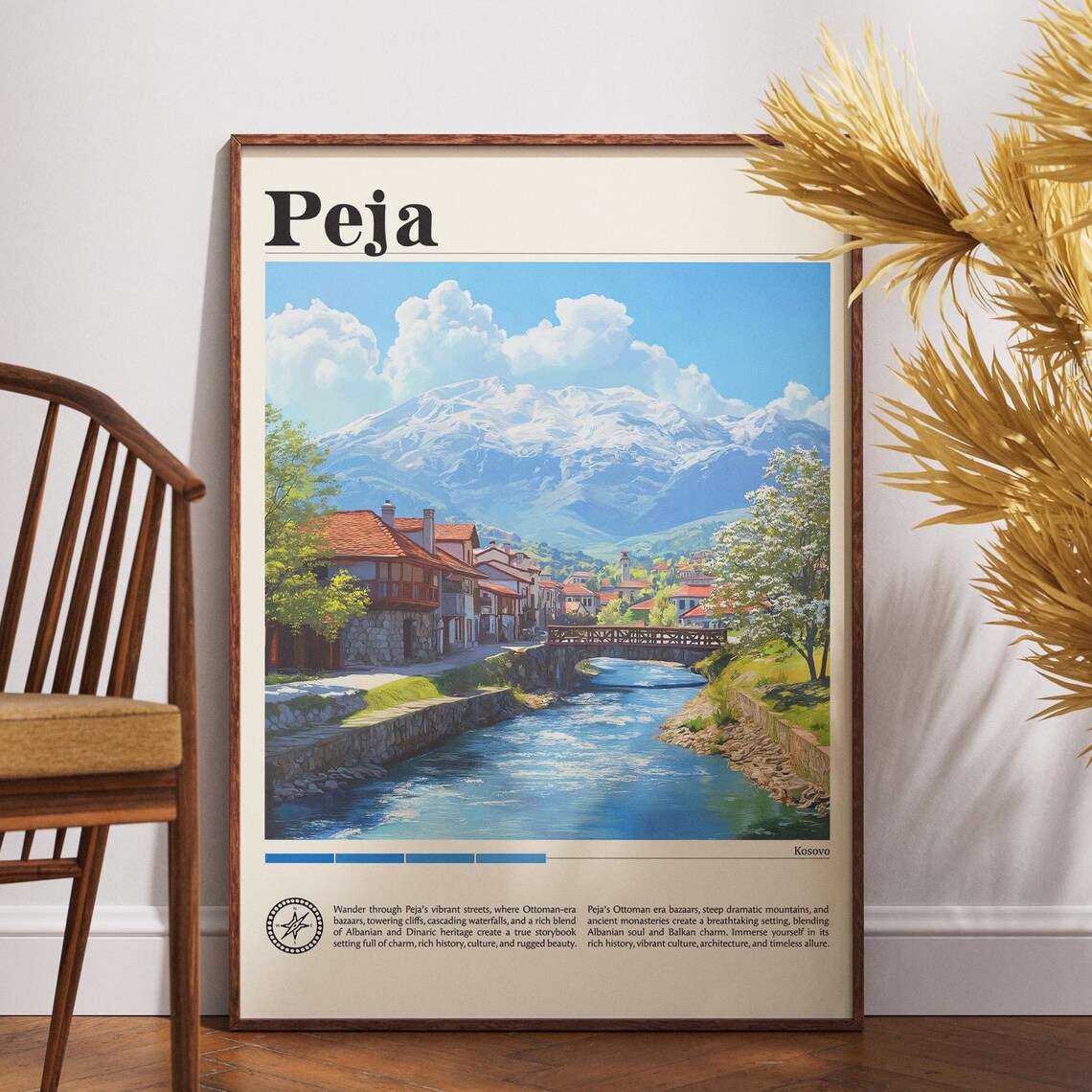 Peja Kosovo Stone Village River Snowy Mountain Scenic Travel Poster