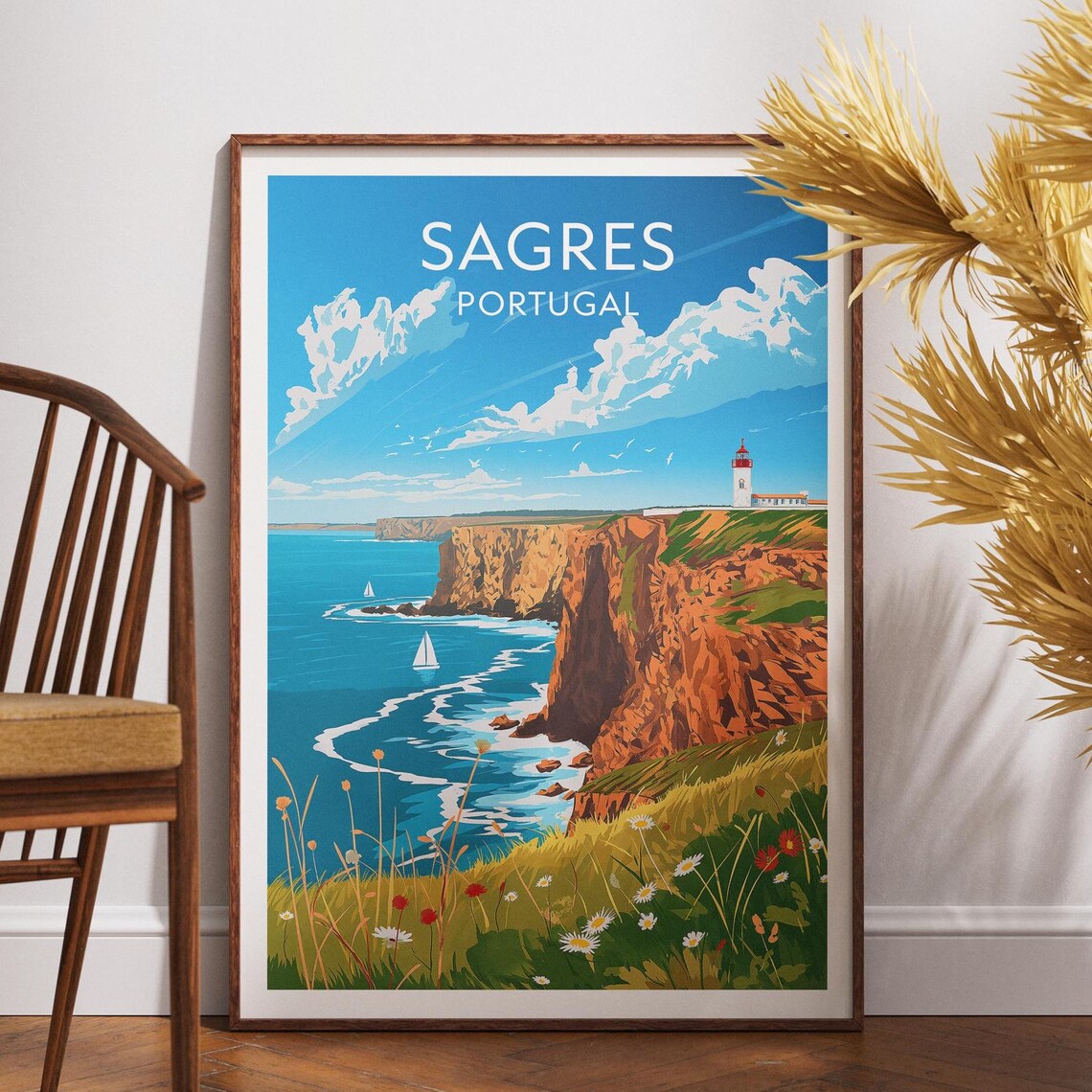 Sagres Portugal Lighthouse Red Cliffs Sailing Sunny Travel Poster