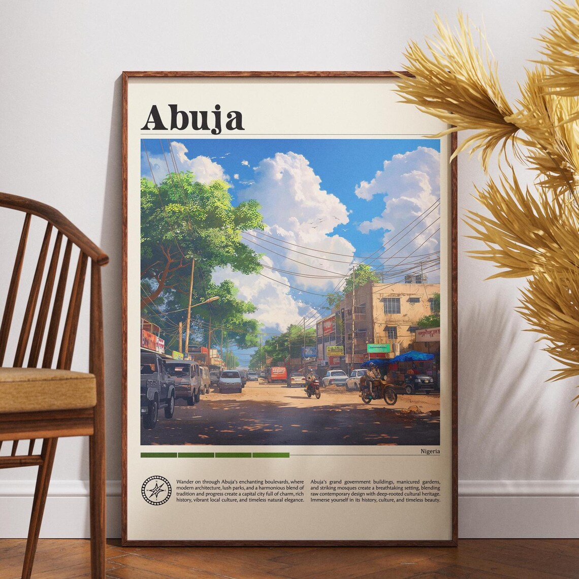 Abuja Nigeria Street Scene Travel Poster Motorbikes and Market Day