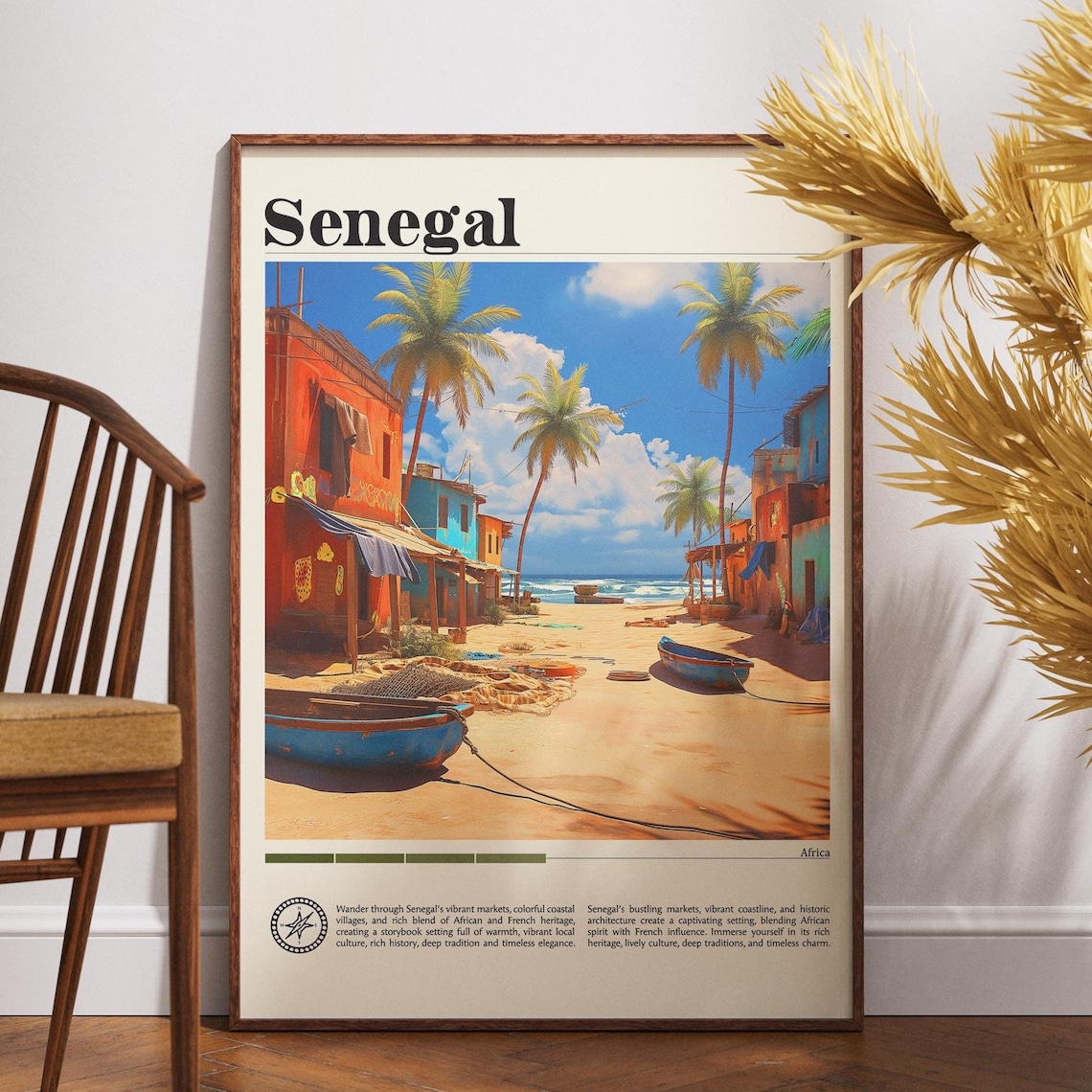 Senegal African Beach Fishing Boats Palm Trees Coast Travel Poster