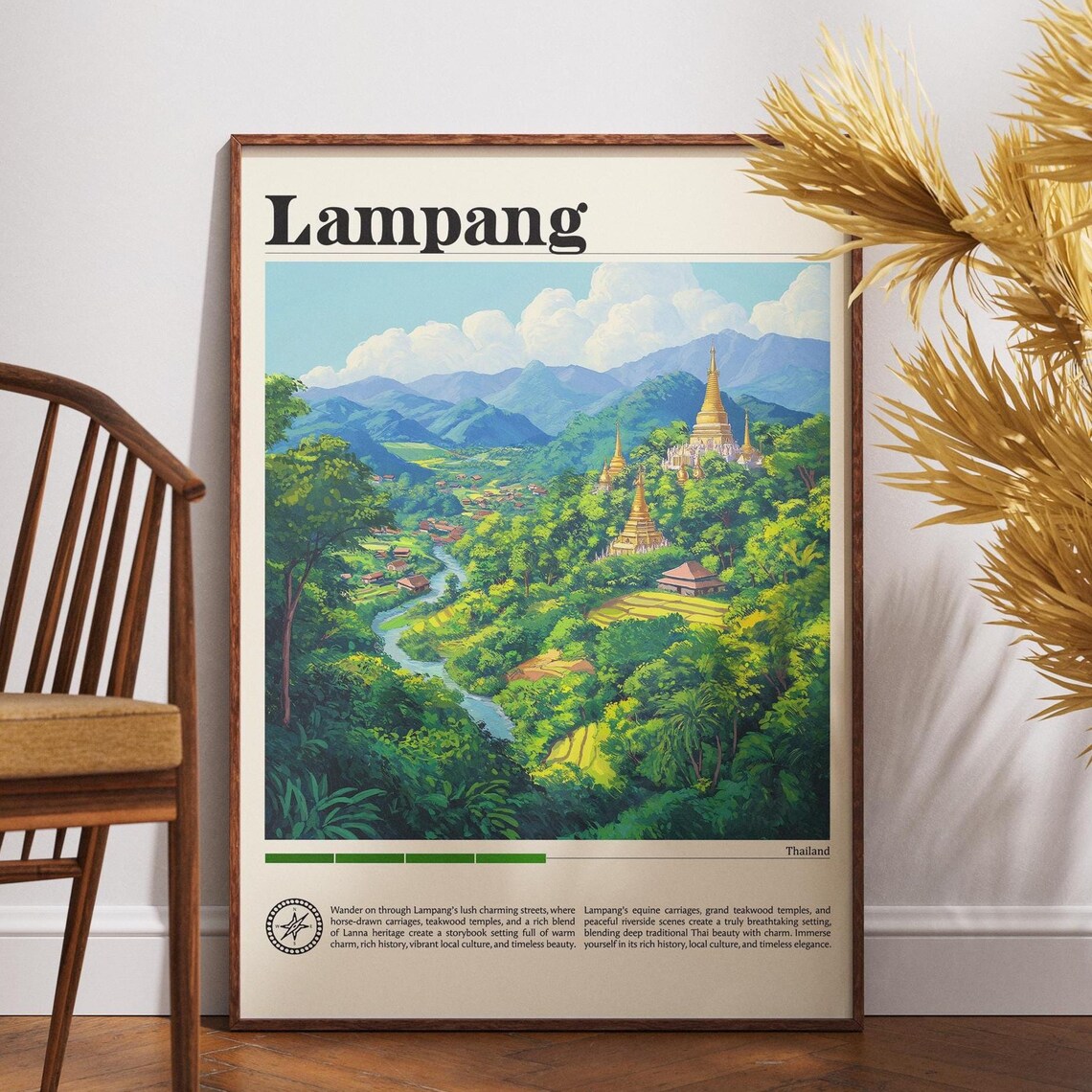 Lampang Thailand Travel Poster Golden Temples Mountain River Valley