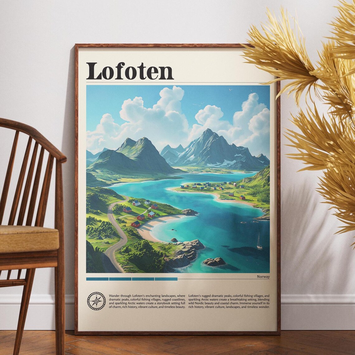 Lofoten Norway Arctic Peak Red Cabins Fjord Vintage Travel Poster