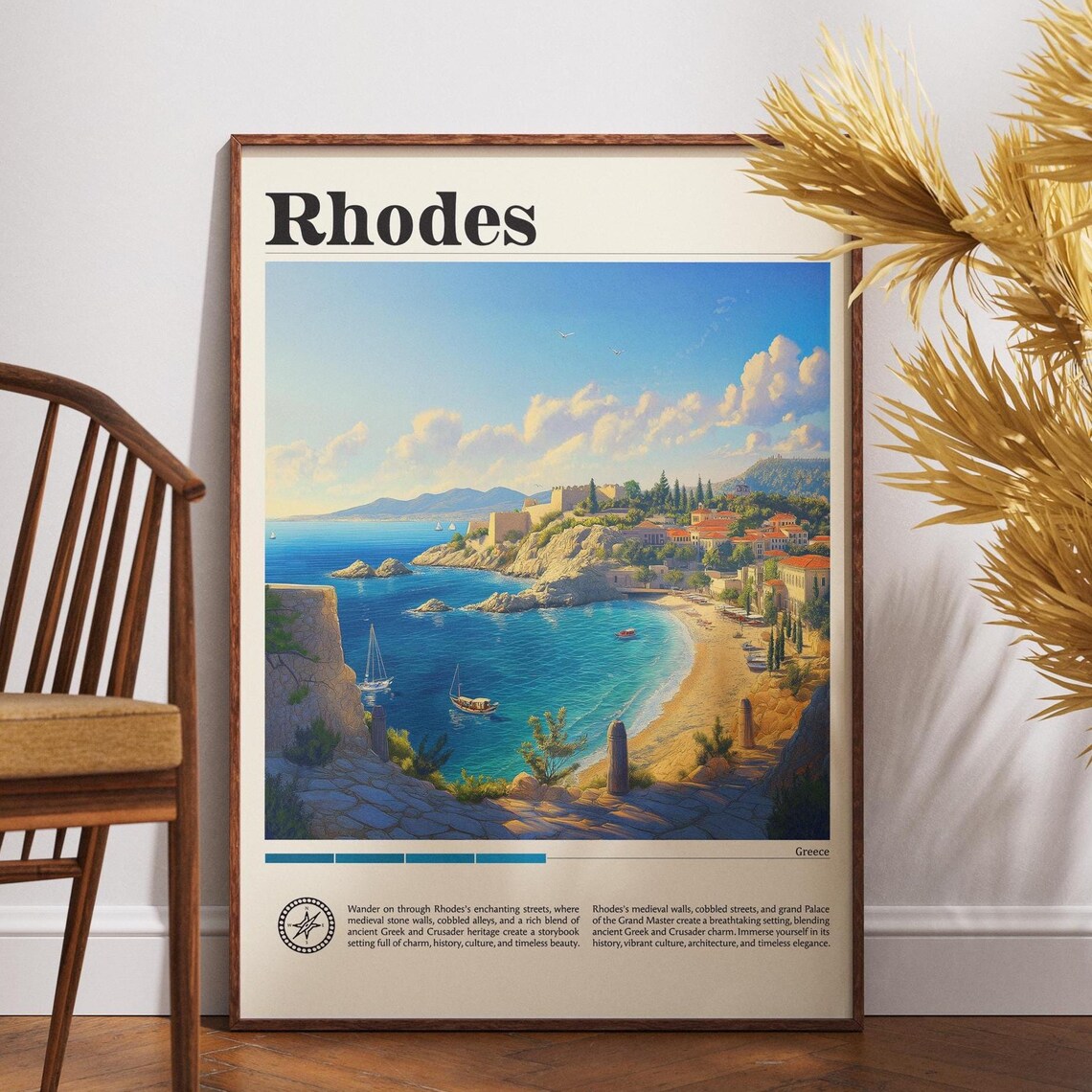 Rhodes Greece Medieval Coastal Town and Turquoise Bay Poster