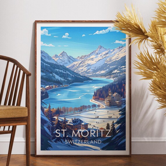 St Moritz Switzerland Frozen Lake Peaks Winter Travel Poster
