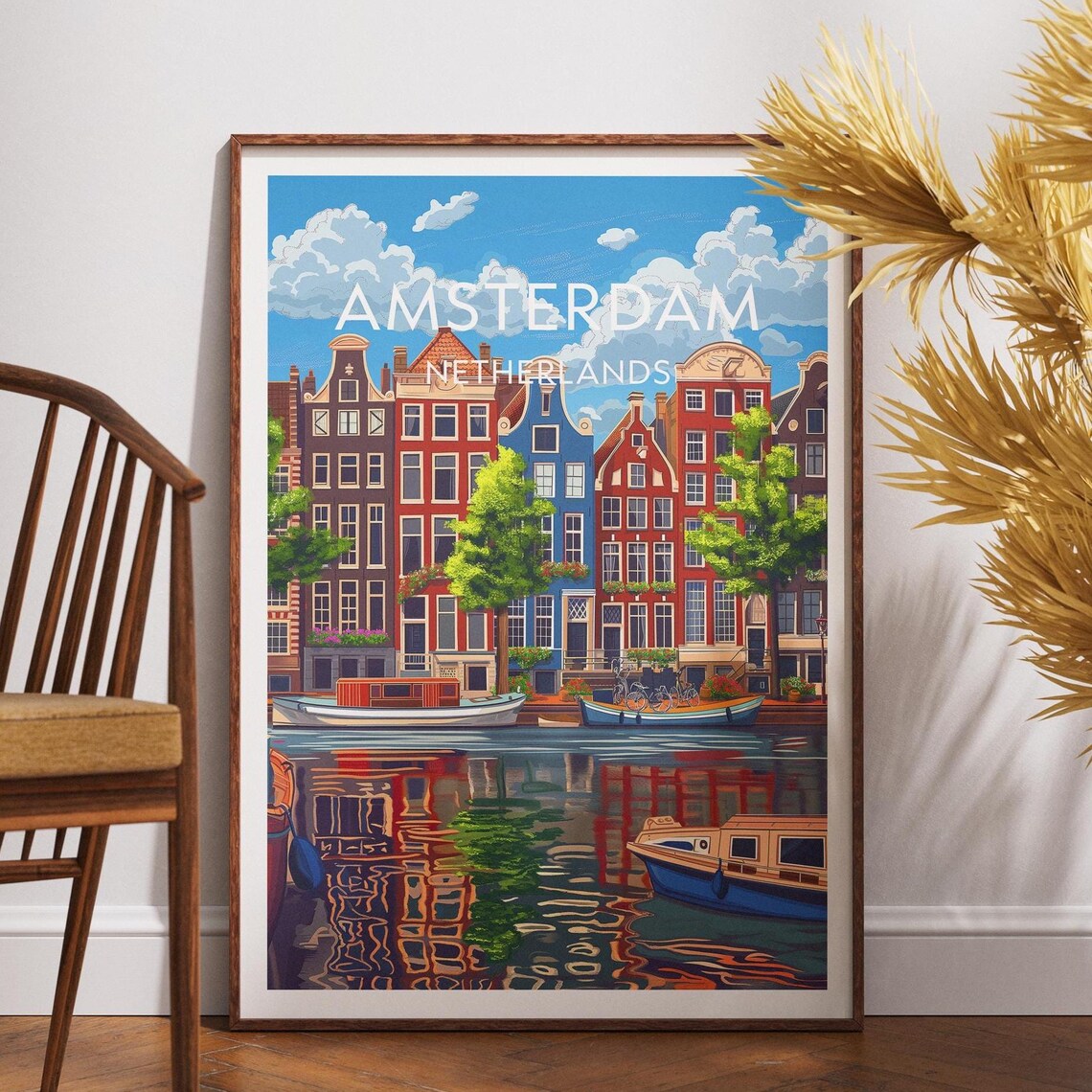 Amsterdam Netherlands Canal Houses Reflection Vintage Travel Poster
