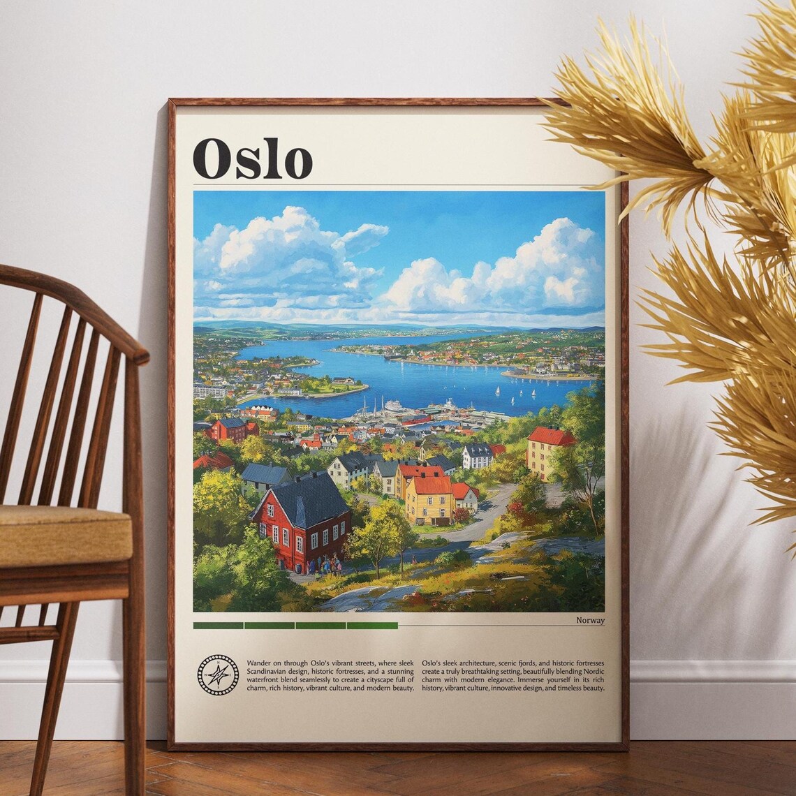 Oslo Norway Harbor Waterfront Red Houses Vintage Travel Poster