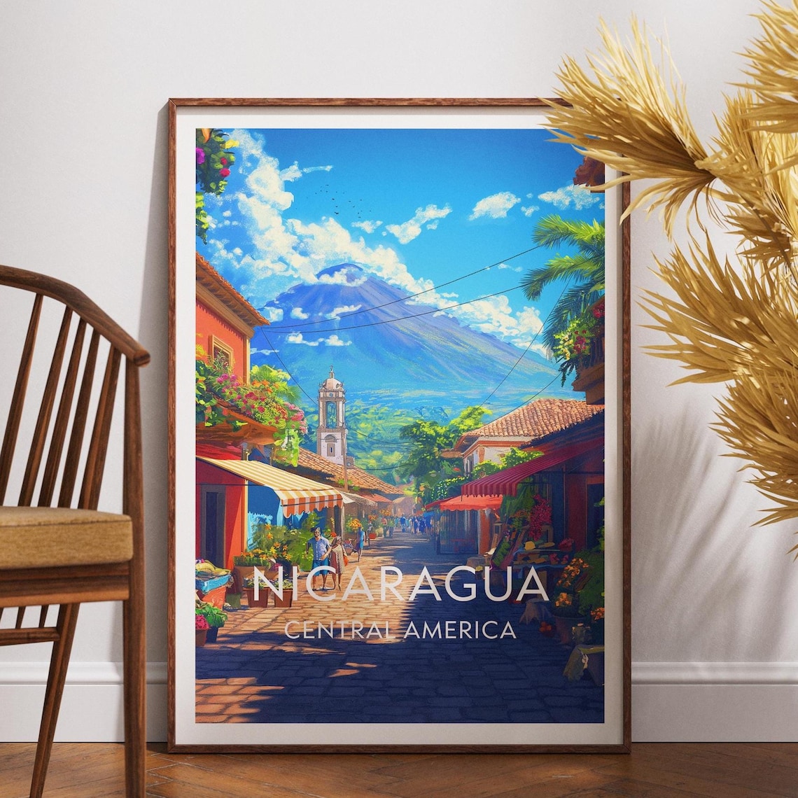 Nicaragua Volcano Street Market Central America Travel Poster