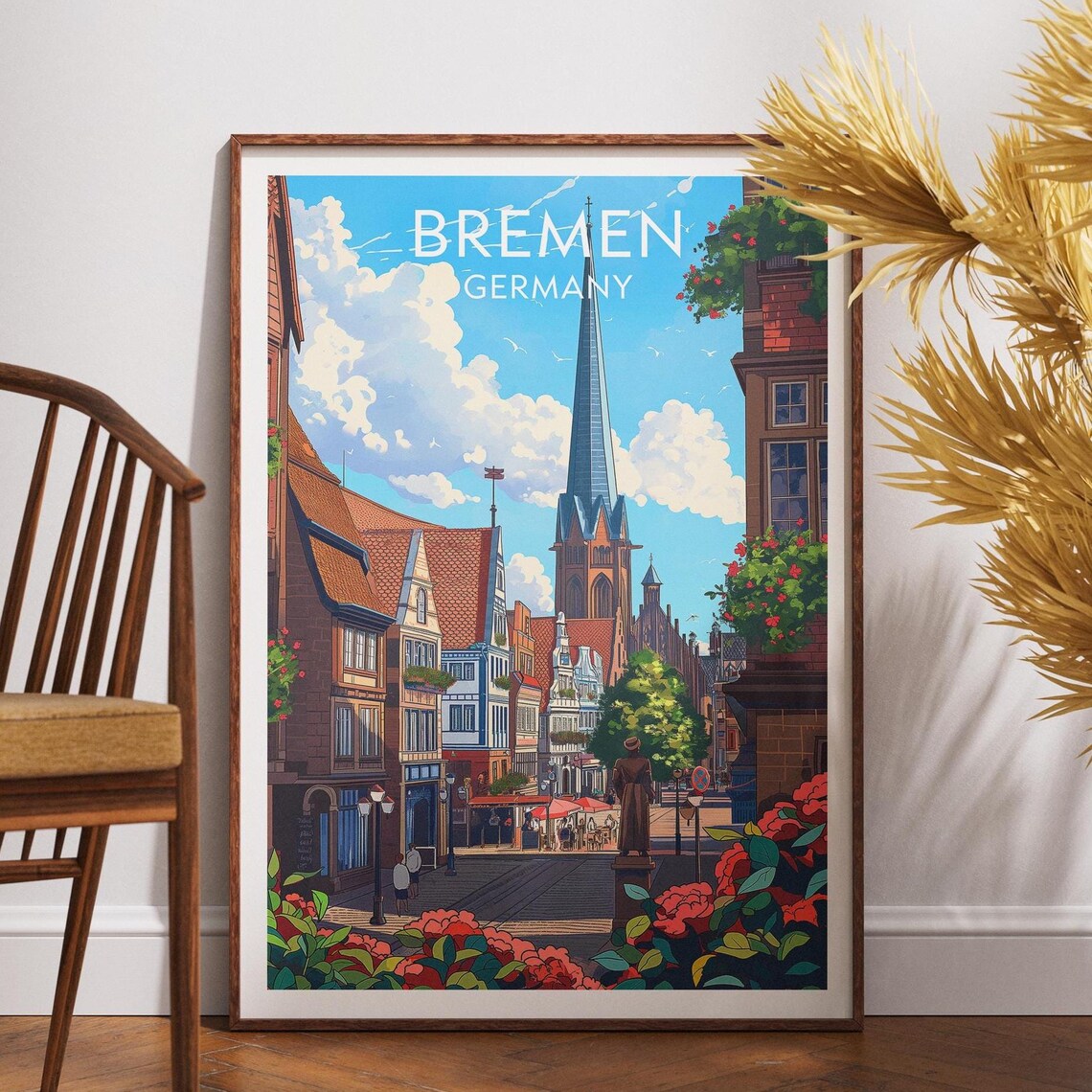 Bremen Germany Old Town Church Travel Poster Floral Street Wall Decor