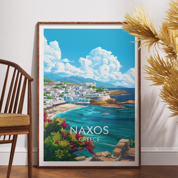 Naxos Greece Whitewashed Town Turquoise Bay Island Travel Poster
