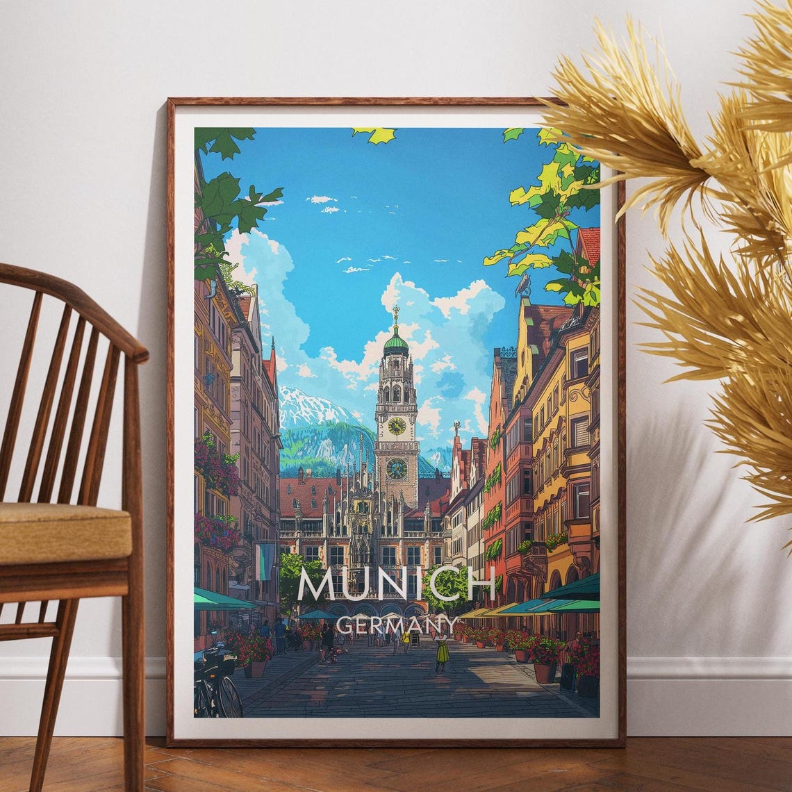 Munich Germany Old Town Travel Poster Clock Tower Square Wall Decor