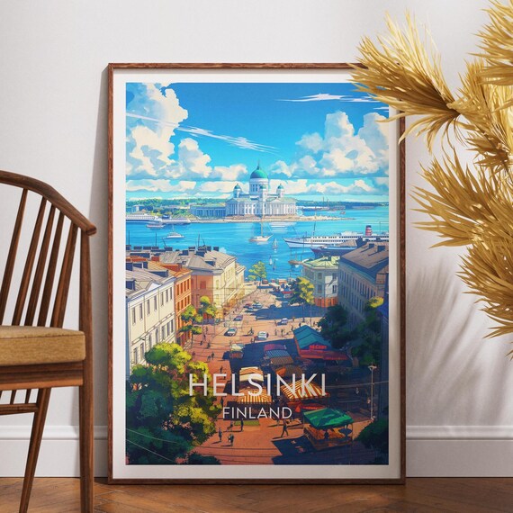 Helsinki Finland Waterfront Travel Poster Cathedral Sailboats City Decor