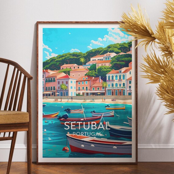 Setubal Portugal Harbor Boats Waterfront Vintage Travel Poster