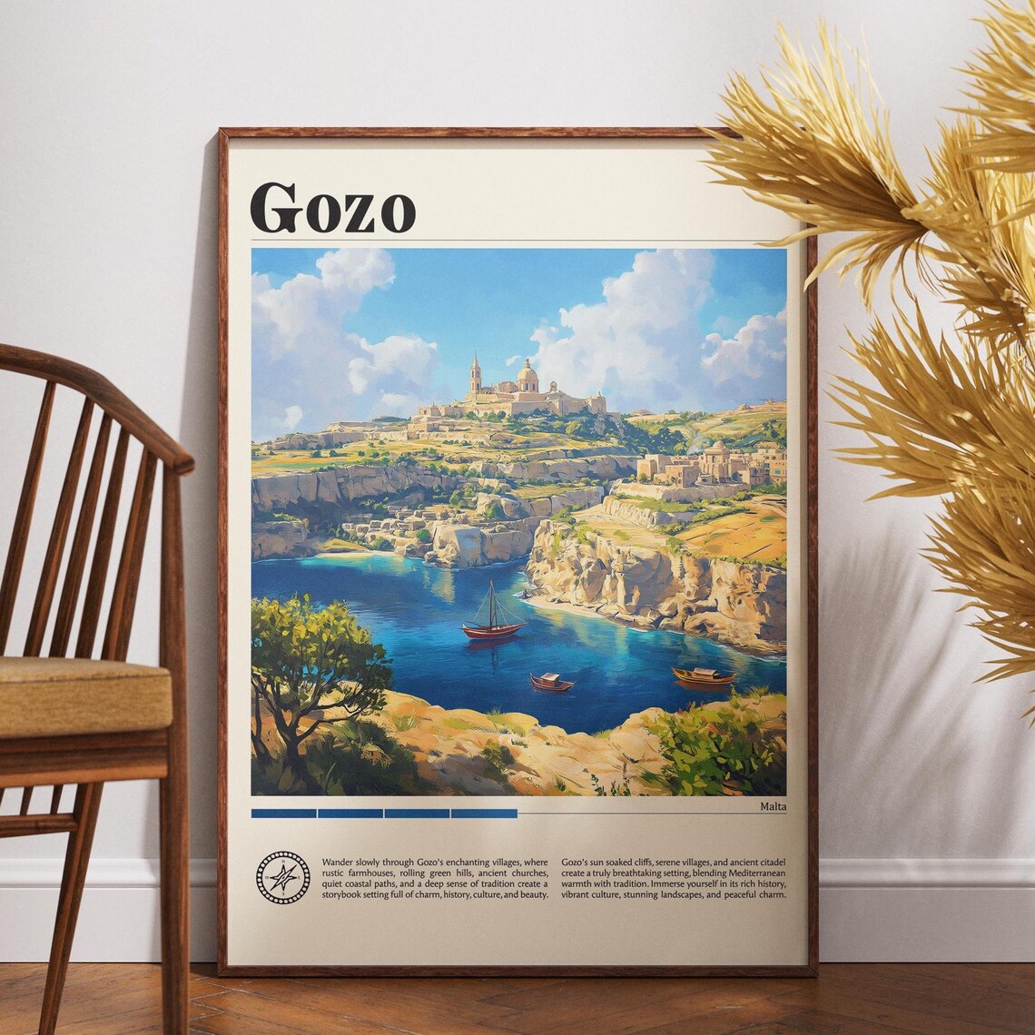 Gozo Malta Citadel Hilltop Coastal Cove Boats Vintage Travel Poster