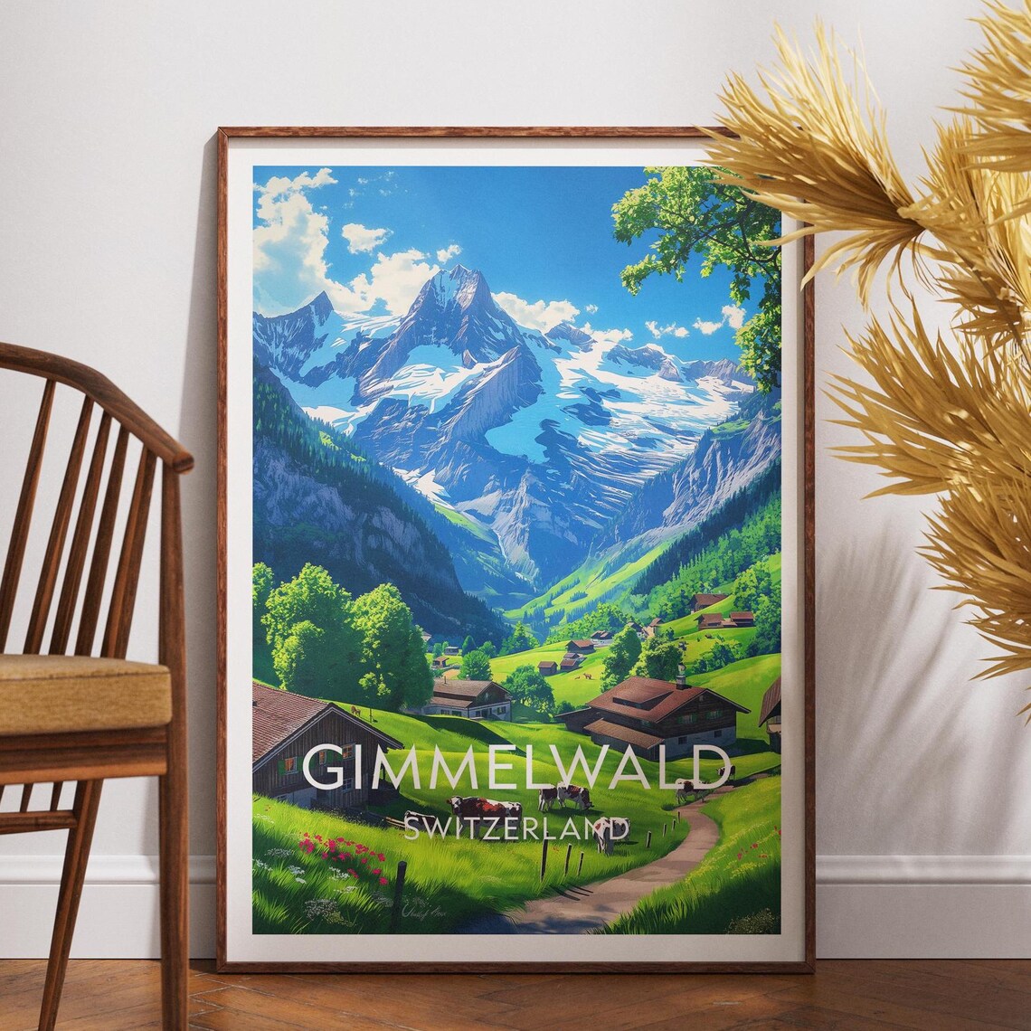 Gimmelwald Switzerland Alpine Meadow Cows Village Travel Poster