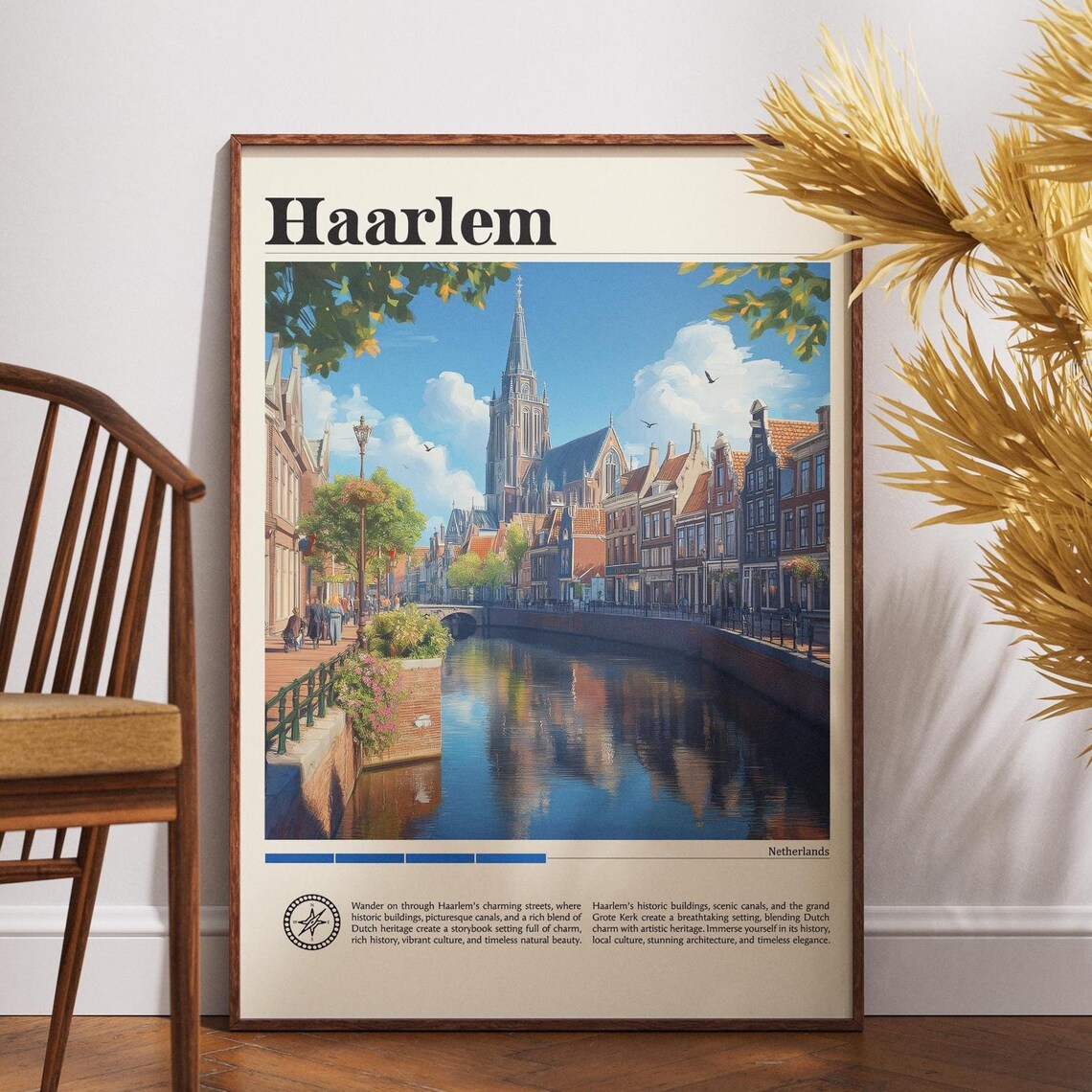 Haarlem Netherlands Canal Grote Kerk Historic City Travel Poster