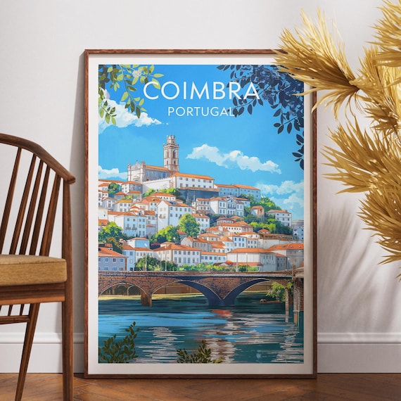 Coimbra Portugal Vintage Travel Art Riverside Bridge View Poster