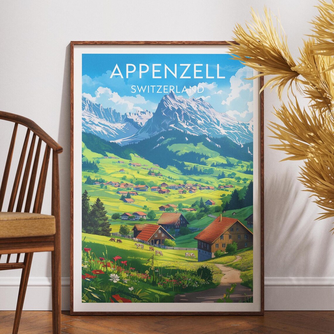 Appenzell Switzerland Chalet Meadows Snowy Peaks Travel Poster