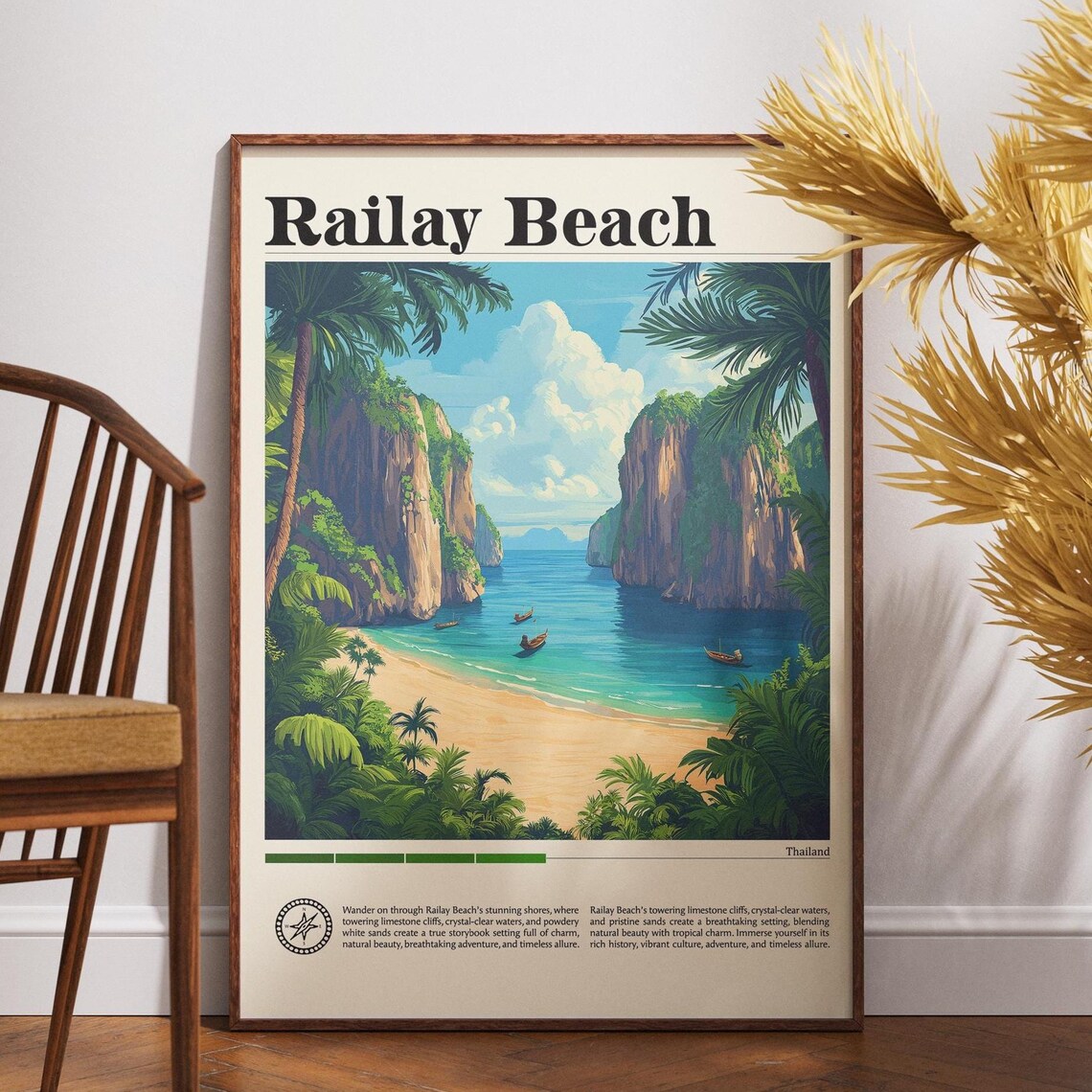 Railay Beach Thailand Limestone Cliffs Turquoise Sea Retro Travel Poster