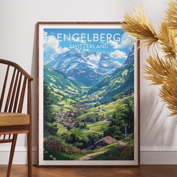 Engelberg Switzerland Snowy Peaks Alpine Village Travel Poster