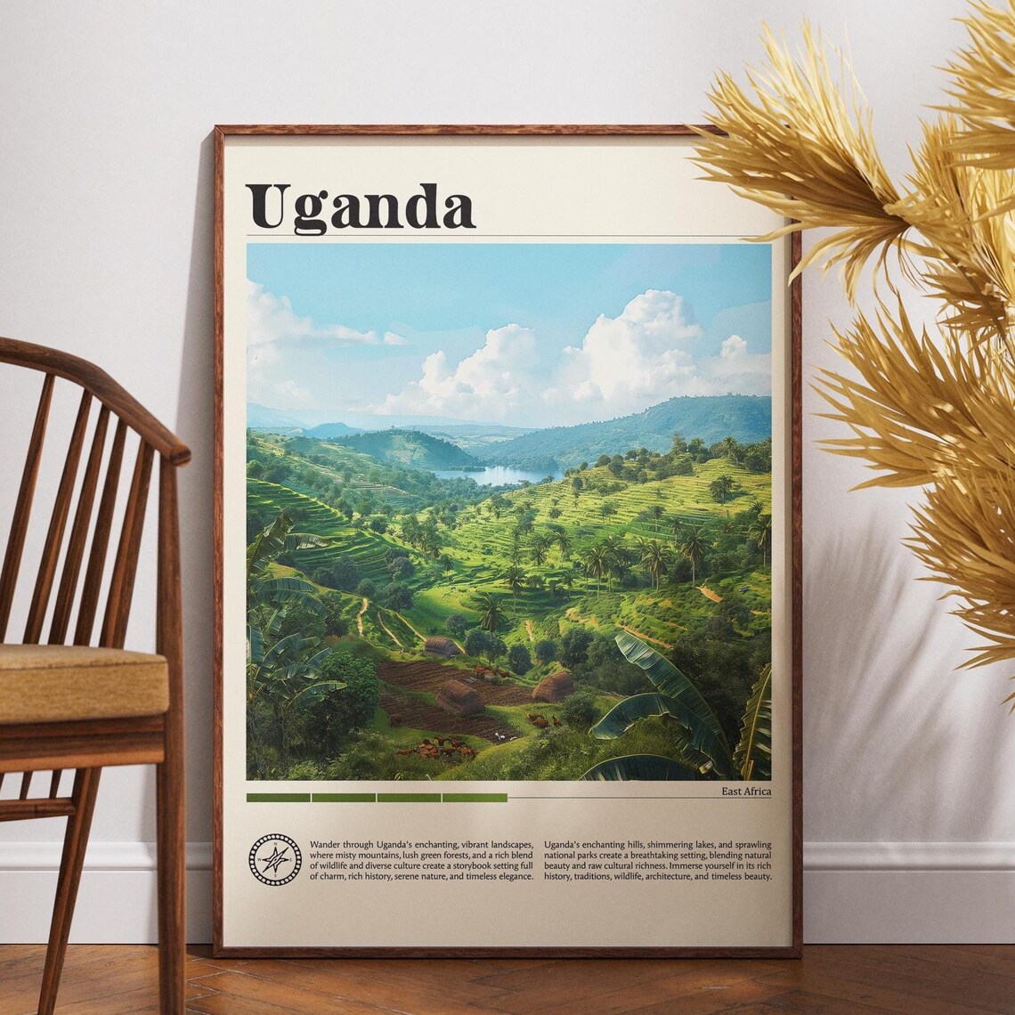 Uganda East Africa Terraced Green Hills Lake Landscape Travel Poster