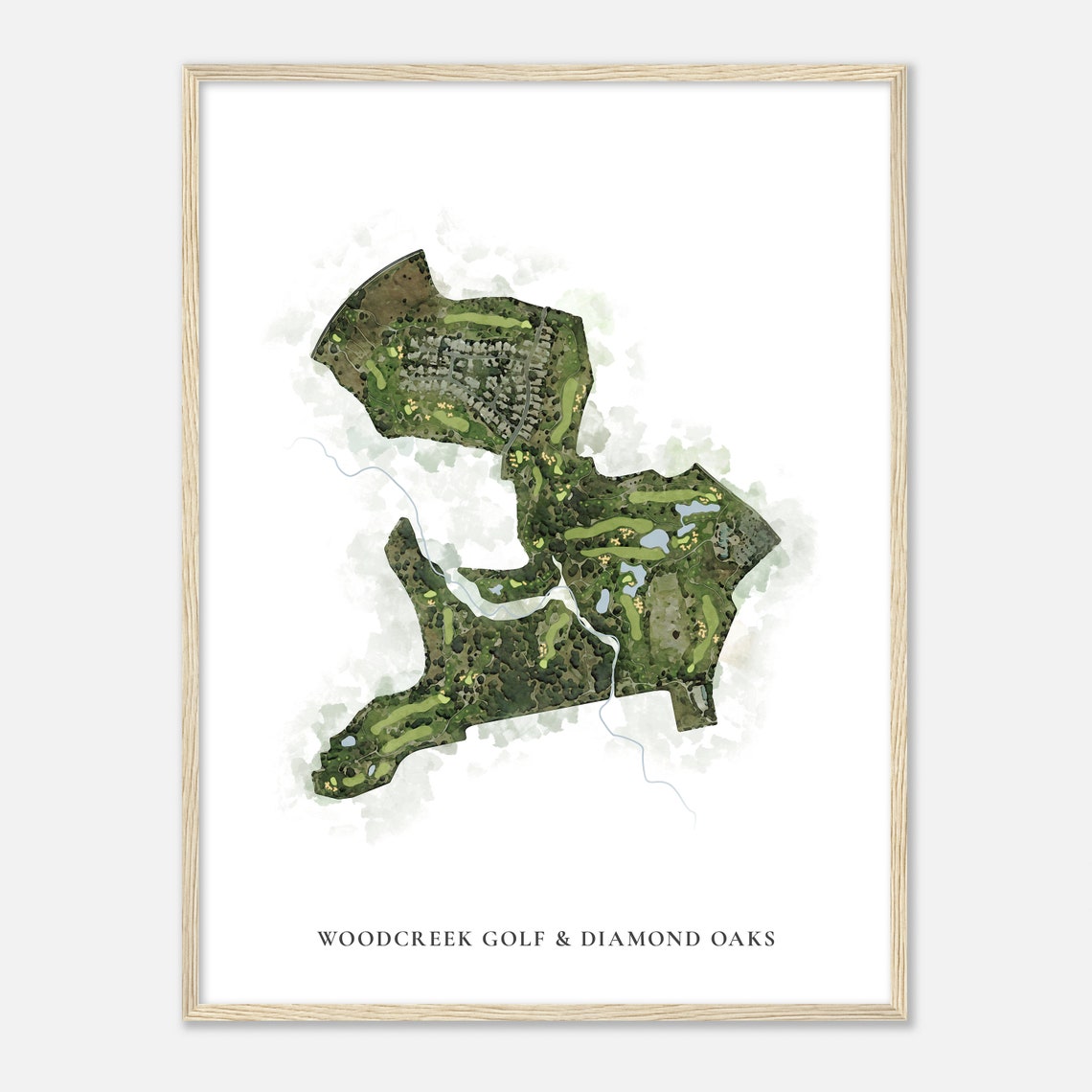 Woodcreek Golf Diamond Oaks Course Satellite Watercolor Map Poster