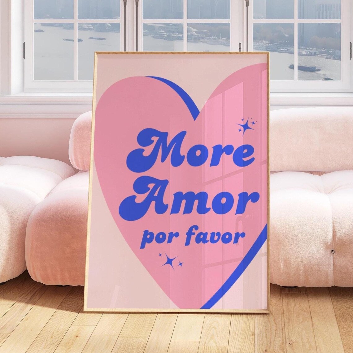 Sweet More Amor Por Favor Pink Heart Retro Blue Typography Poster
