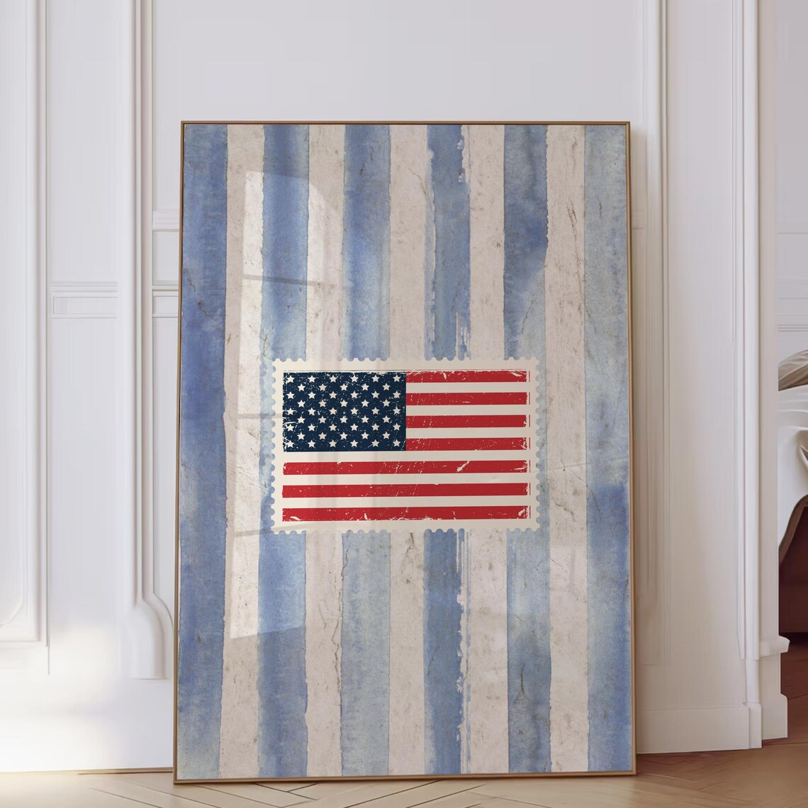 Vintage Us Flag Art Stamp Print, Fourth Of July
