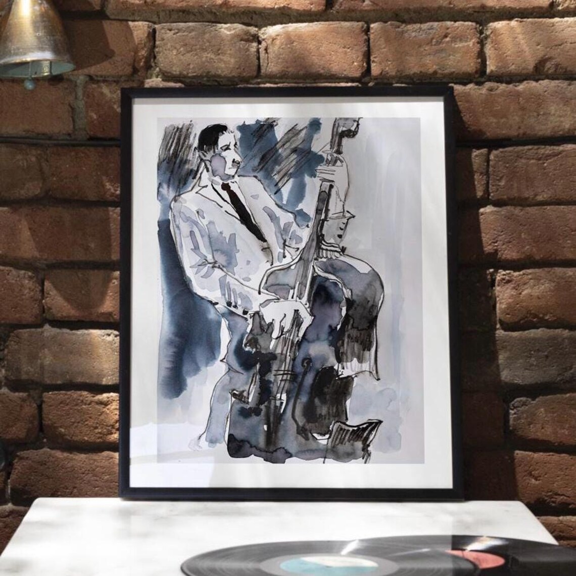 Jazz Double Bass Poster, Charcoal Ink Illustration